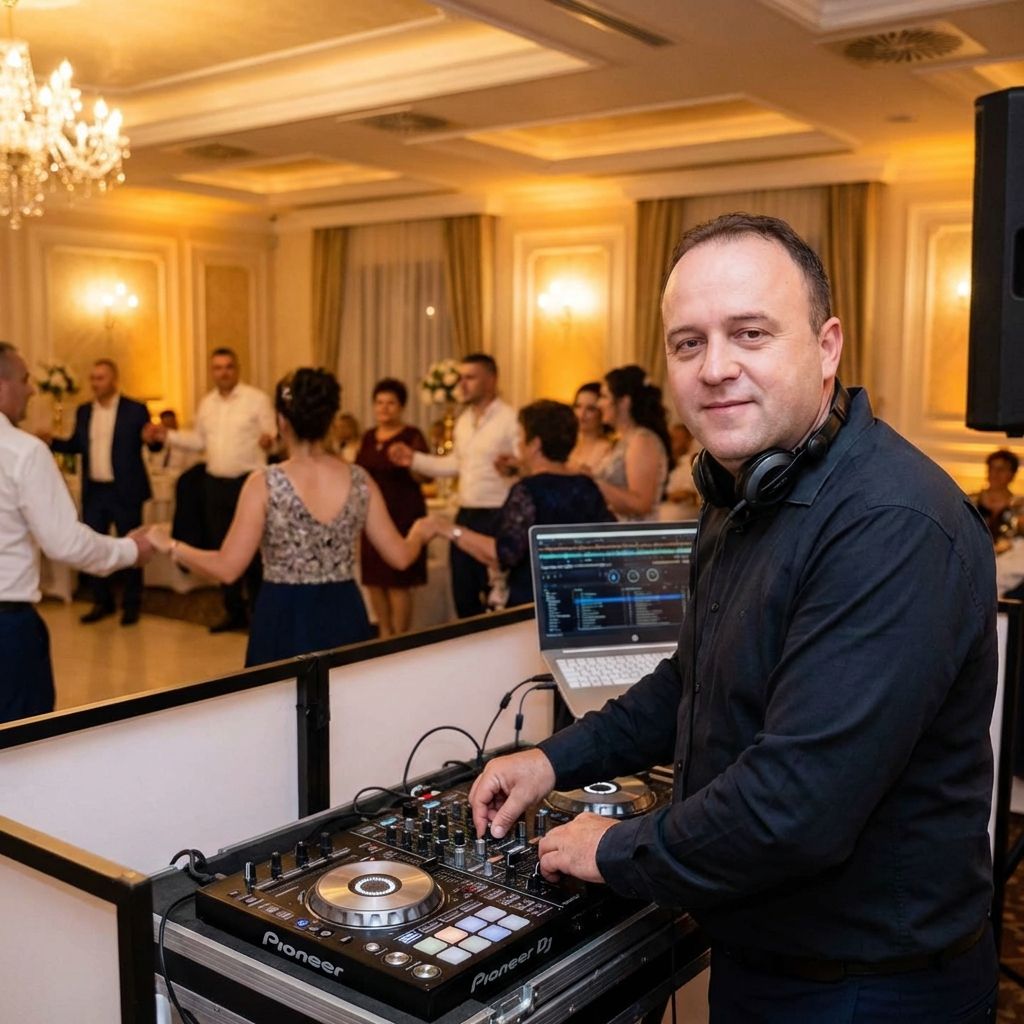 DJ Trayanov зад пулта на сватбено тържество, а гостите танцуват хоро на дансинга